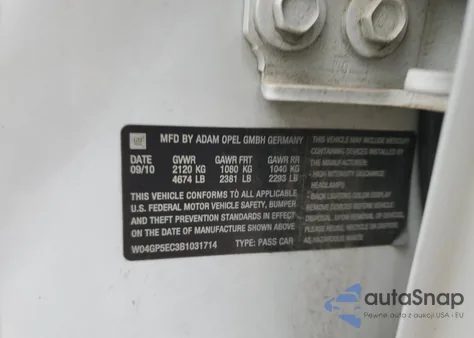 2011 Buick Regal Cxl z USA, uszkodzony, nr VIN W04GP5EC3B1031714